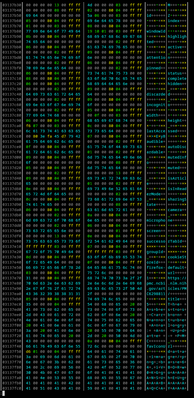 Promising section of core dump shown in hexyl